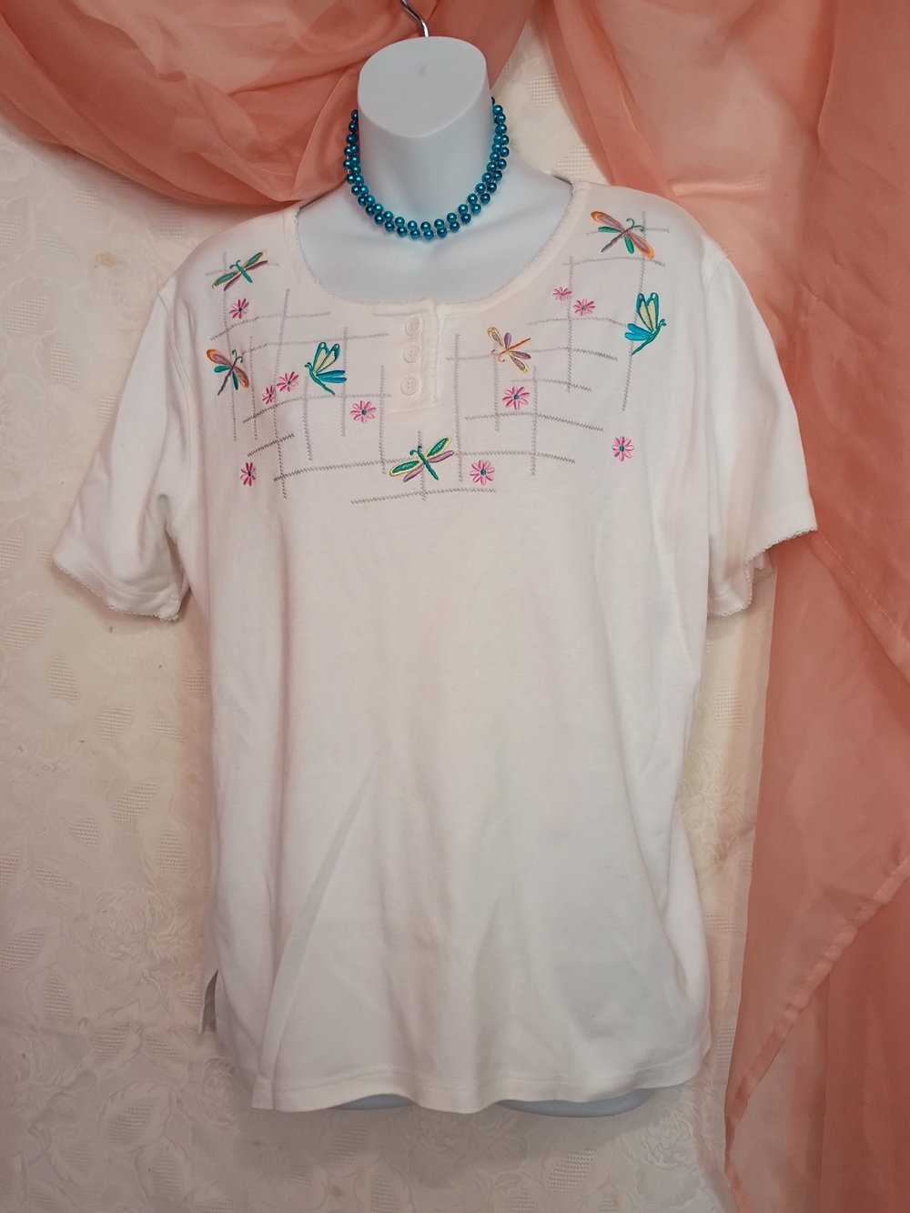 Cabin Creek Ladies White Short-Sleeve Top w/ Colorful Dragonfly Embroidery Sz Lg